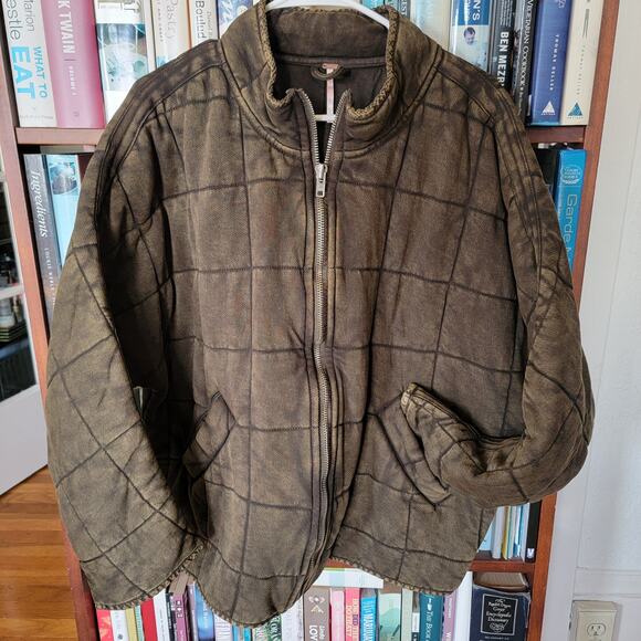 Free People Oversized Quilted Military Green Knit Zip Up Jacket Size M - Picture 3 of 9